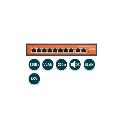 Купить Неуправляемый коммутатор Wi-Tek WI-PS210 (v2) PoE 120 Вт, порты 8PoEFE+2FE, режим 250м магазина stels.market.